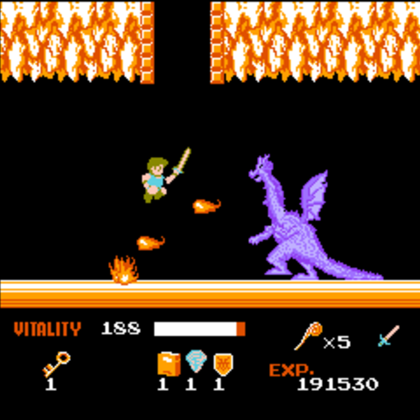 ナムコからリリースされたドラゴンバスター、ファミコン版は金色のカセットでした。「兜割り」「垂直斬り」などの必殺技も懐かしい！